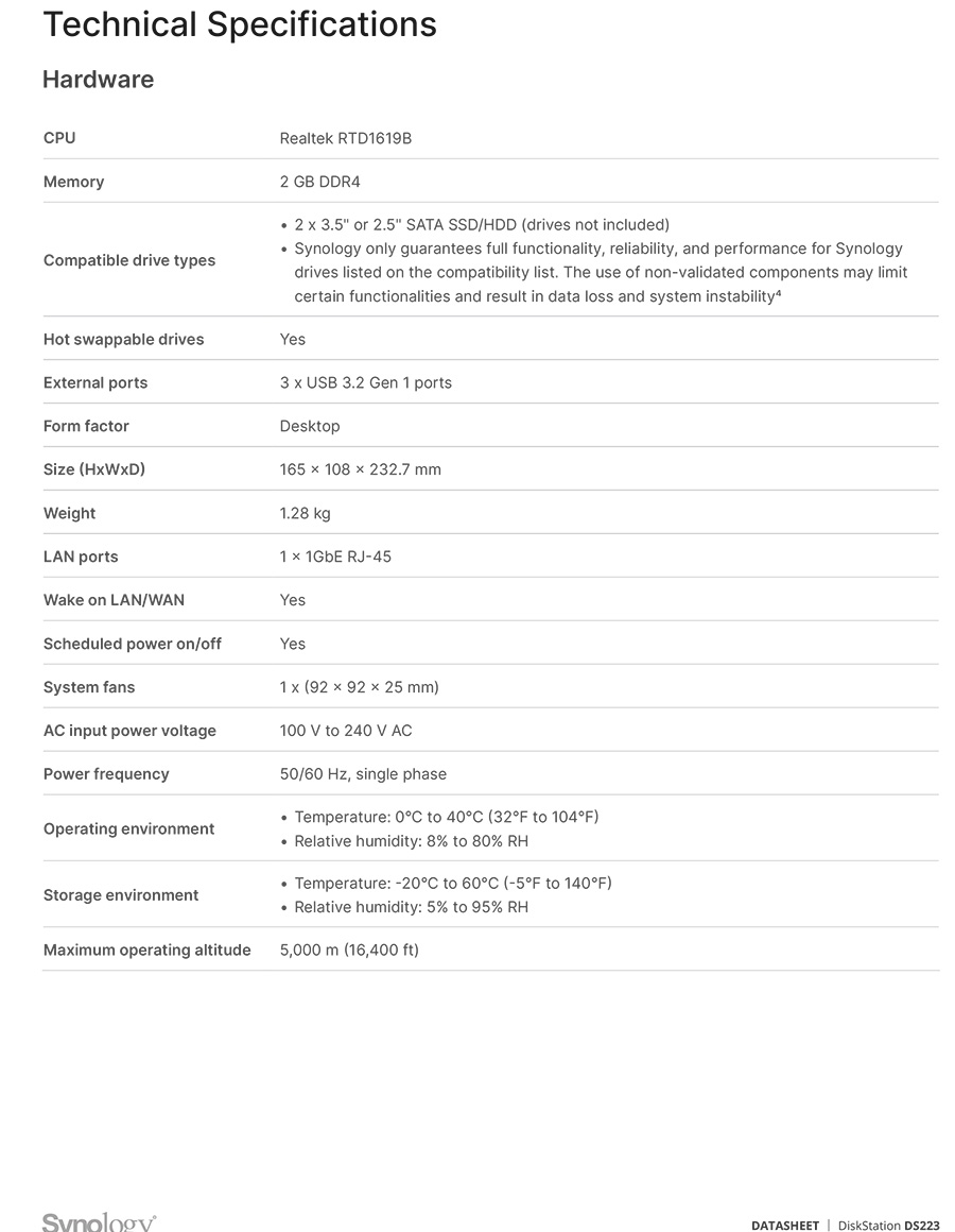 Synology DS223 NAS 2-BAY อุปกรณ์จัดเก็บข้อมูลบนเครือข่าย Realtek RTD1619B 4-core 1.7 GHz - 2GB BY BILLIONAIRE SECURETECH DS223