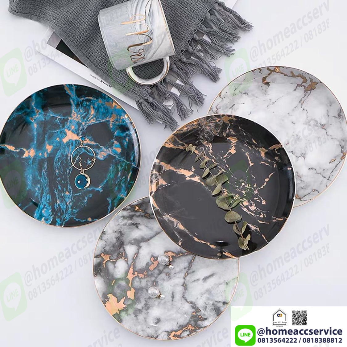 จานเซรามิค ลายหินอ่อนสีขาว เทา ดำ ฟ้า ขนาด6,8, 11 นิ้ว - White Marbled Plate 6" 15.7cm, 8" 20cm, 11" 25cm