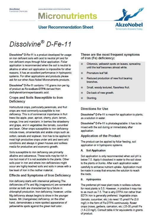 ผงจุลธาตุเหล็กคีเลตดีทีพีเอ 11% (เหล็กแดง/เหล็กดีพี 11%) Dissolvine D-FE-11 (DTPA FE 11%; Aczonobel Netherland) บรรจุ 1 กิโลกรัม (R)