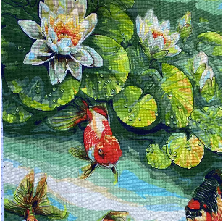 pla-1190 *สินค้าหมด* ชุดปักครอสติช ลายปลาทองในบึงบัว (งานปักเต็มลาย ไม่มีเดินเส้น) ขนาด 50*75 ซม.ผ้าครอสติช 11CTพิมพ์ลายปักบนผ้า ไหมคอตตอน 34 สี ผังลาย เข็ม