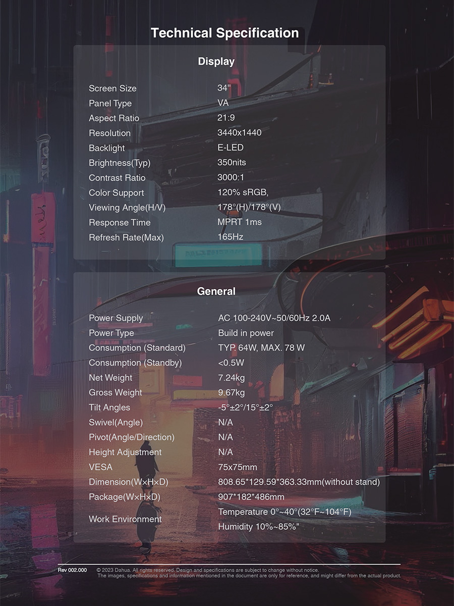 DAHUA LM34-E330C 34'' VA WQHD Gaming Curved Monitor 165Hz Refresh Rate , Response Time MPRT 1 ms : 2×DP, 2×HDMI BY BILLIONAIRE SECURETECH LM34-E330C
