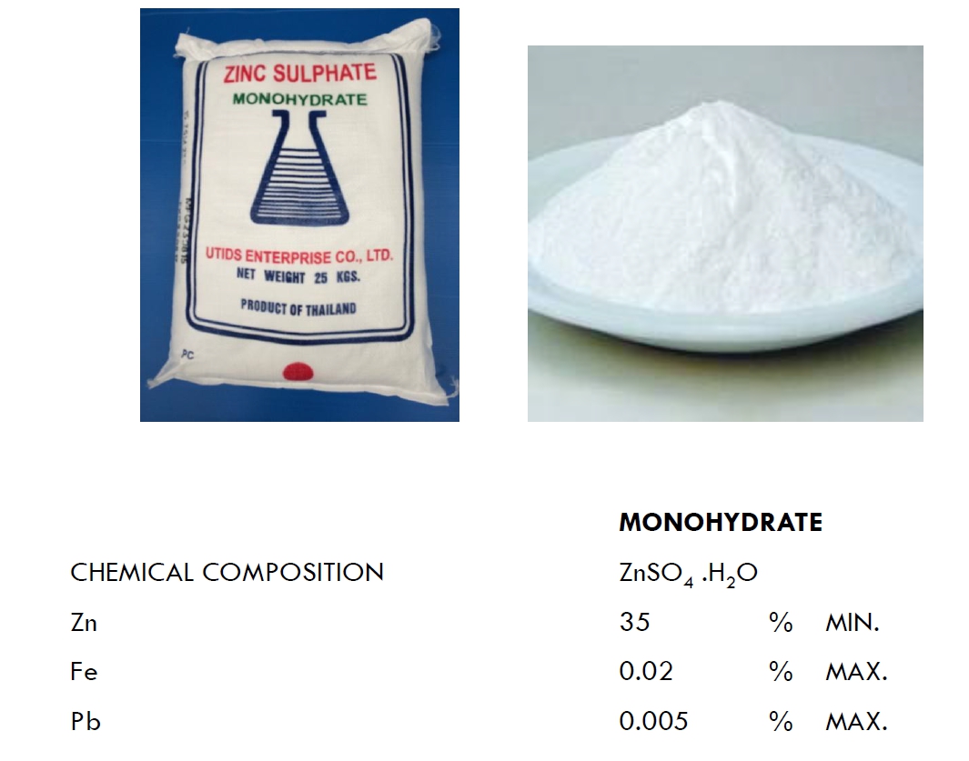 ZnSO4.H2O Zinc Sulphate monohydrate ซิงค์ซัลเฟต UTIDS เกรดอุตสาหกรรม (ประกอบด้วยธาตุ Zn 35%) บรรจุ 1 กิโลกรัม (R)