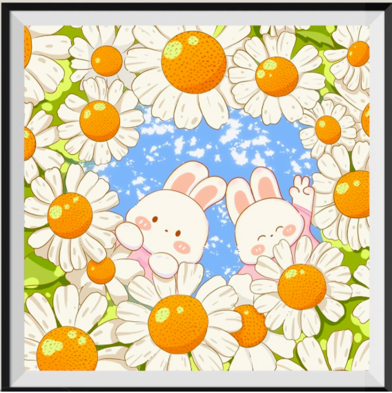 rabbit-1113 *สินค้าหมด* ชุดปักครอสติช ลายกระต่ายในทุ่งเดซี่ (ปักเต็มผืนผ้า ไม่มีเดินเส้น ผ้า9CTพิมพ์ลาย ปัก 4 เส้นเล็ก) ขนาด 60*60 ซม.ผ้าครอสติช 9CT พิมพ์ลายปักบนผ้า ไหมคอตตอน 19 สี ผังลาย เข็ม