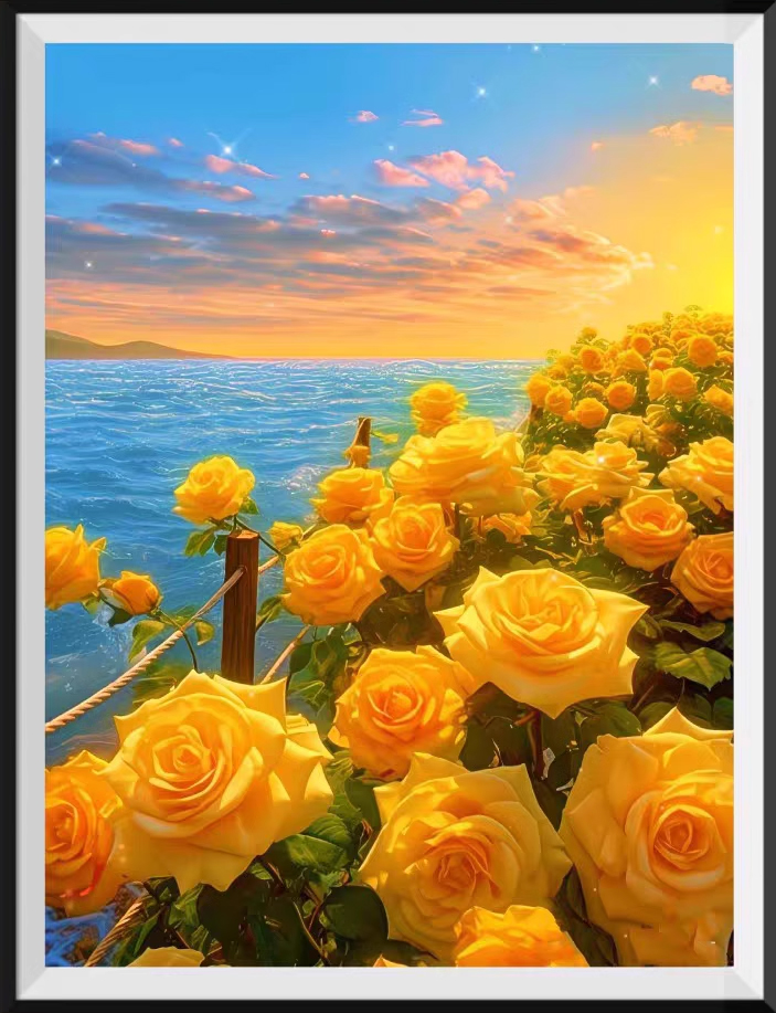 rose-1102 *สินค้าหมด* ชุดปักครอสติช ลายทุ่งกุหลาบเหลืองริมทะเล (ปักเต็มผืนผ้า ไม่มีเดินเส้น ผ้าพิมพ์ลาย 11CT ปัก 3 เส้นเล็ก) ขนาด 55*72 ซม.ผ้าครอสติช 11CTพิมพ์ลายปักบนผ้า ไหมคอตตอน 43 สี ผังลาย เข็ม