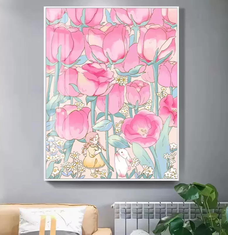 rabbit-1043 *สินค้าหมด* ชุดปักครอสติช ลายสาวน้อยกับกระต่ายในสวนทิวลิป (ปักเต็มผืนผ้า ไม่มีเดินเส้น ผ้า11CTพิมพ์ลาย ปัก 3 เส้นเล็ก) ขนาด 50*63 ซม.ผ้าครอสติช 11CTพิมพ์ลายปักบนผ้า ไหมคอตตอน 22 สี ผังลาย เข็ม