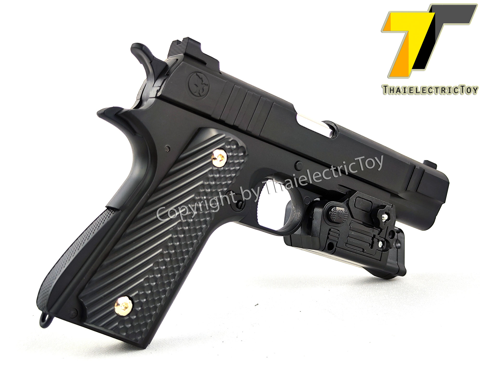 ปืนอัดลมพลาสติก 1911 ชักยิงทีล่ะนัด ลำกล้องยาว 7.5 นิ้ว หนัก 318 กรัม มีไฟฉาย เลเซอร์