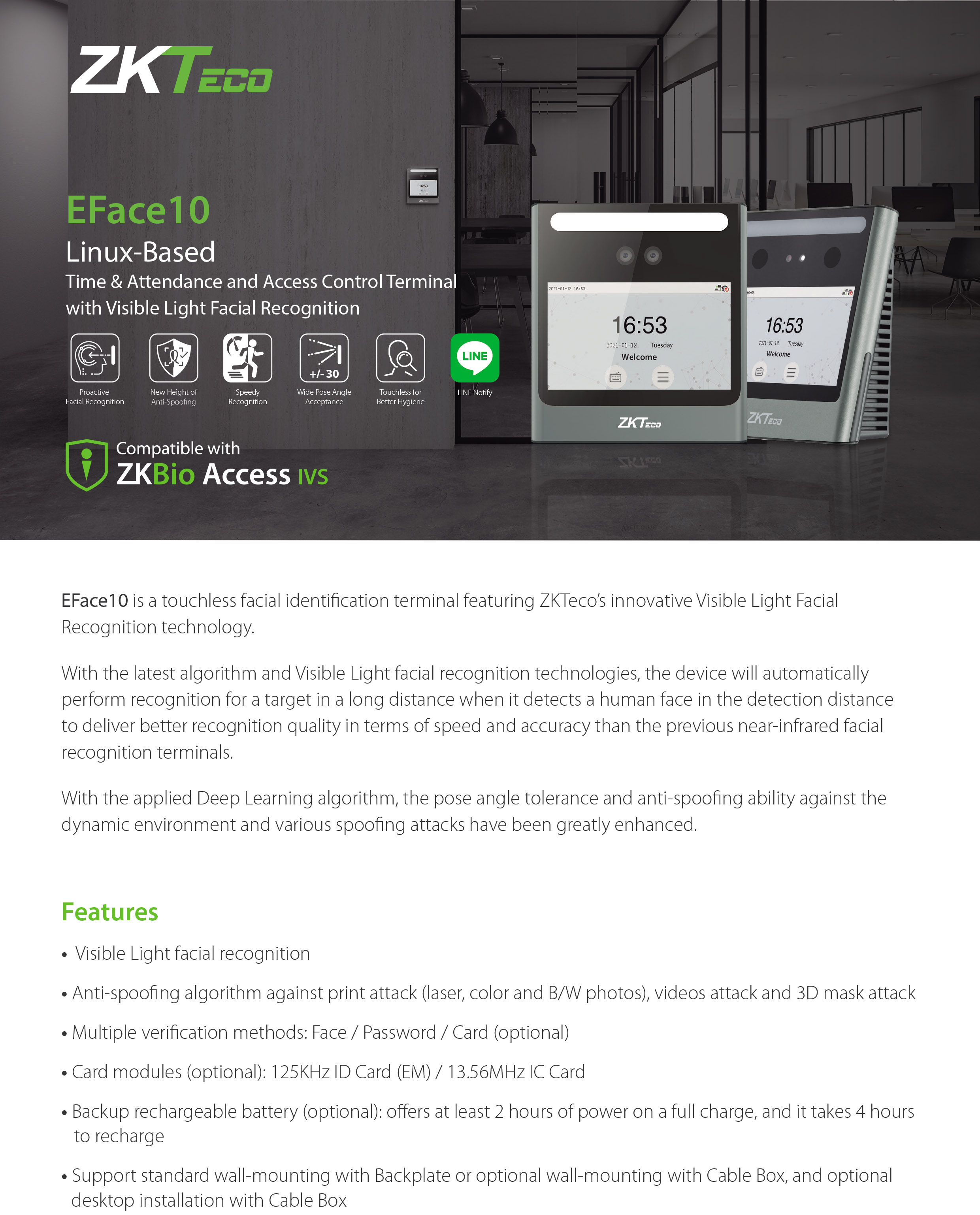ZKTECO EFace10 Time Attendance เครื่องสแกนใบหน้า รองรับ 1,500 ใบหน้า / 1,500 บัตร ควบคุมประตูเปิด-ปิด BY BILLIONAIRE SECURETECH EFace10