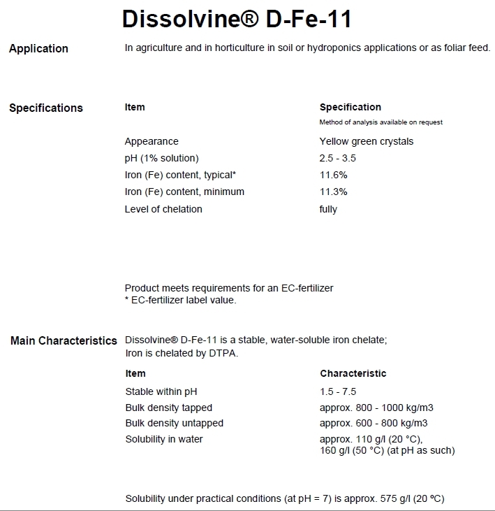 ผงจุลธาตุเหล็กคีเลตดีทีพีเอ 11% (เหล็กแดง/เหล็กดีพี 11%) Dissolvine D-FE-11 (DTPA FE 11%; Aczonobel Netherland) บรรจุ 1 กิโลกรัม (R)