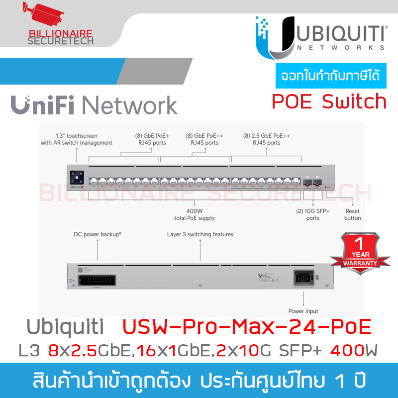 UBIQUITI USW-Pro-Max-24-PoE 24-Port Layer 3 POE Switch 2.5 GbE and PoE++ 400W, + 2 Ports 10G SFP+ BY BILLIONAIRE SECURETECH USW-Pro-Max-24-PoE