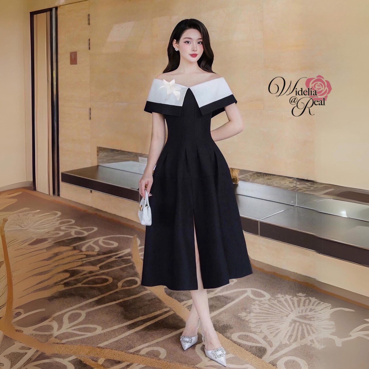 Korea Dress เดรสปาดไหล่ช่วงไหล่เย็บยางยืดใส่แล้วเกาะไหล่ดี (ดำ)