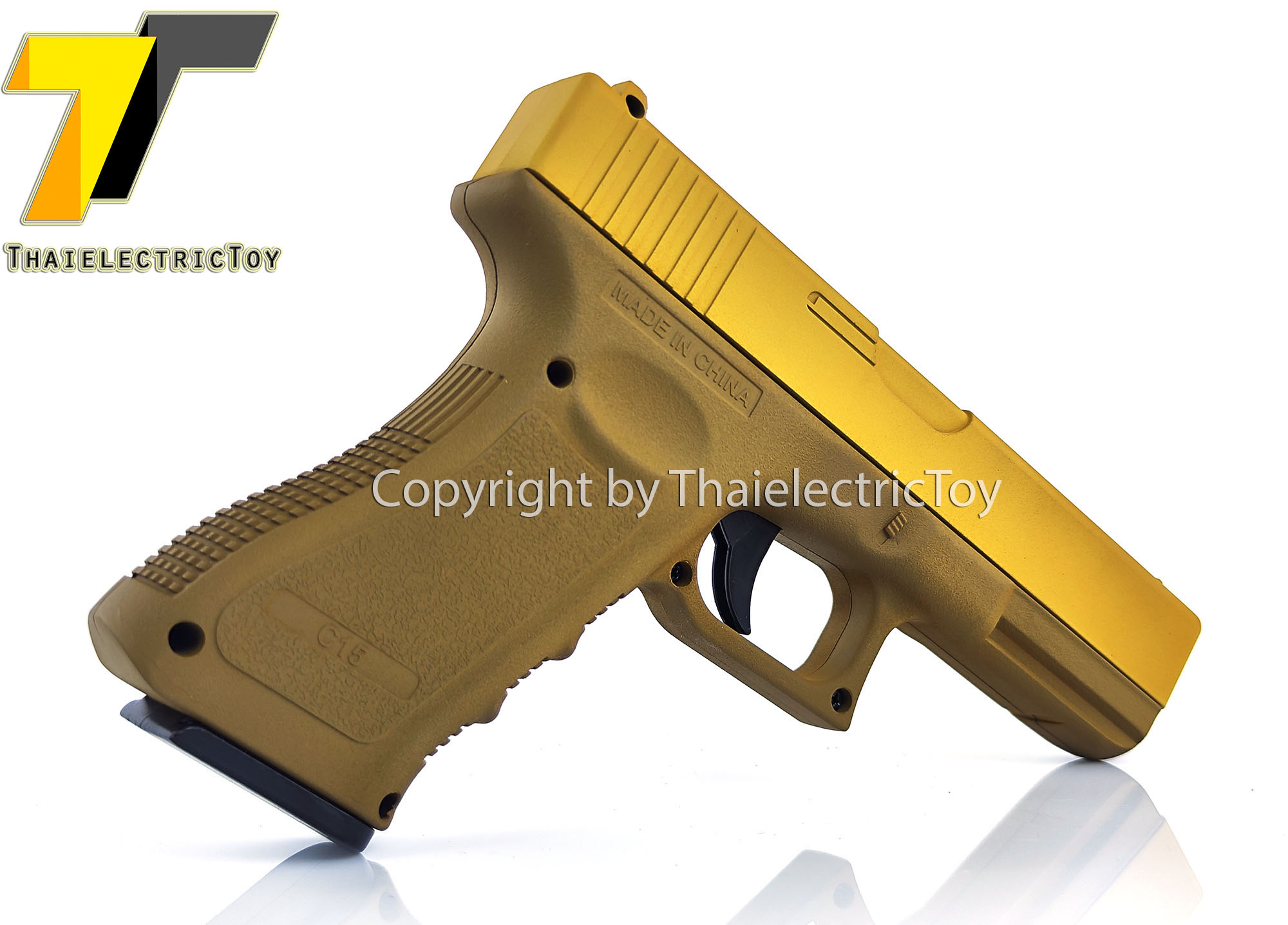 ปืนอัดลมเหล็ก Glock 17 สีทูโทน ชักยิงทีล่ะนัด ลำกล้องยาว 7 นิ้ว หนัก 668 กรัม ใช้ลูกกระสุนพลาสติก 6 มิล