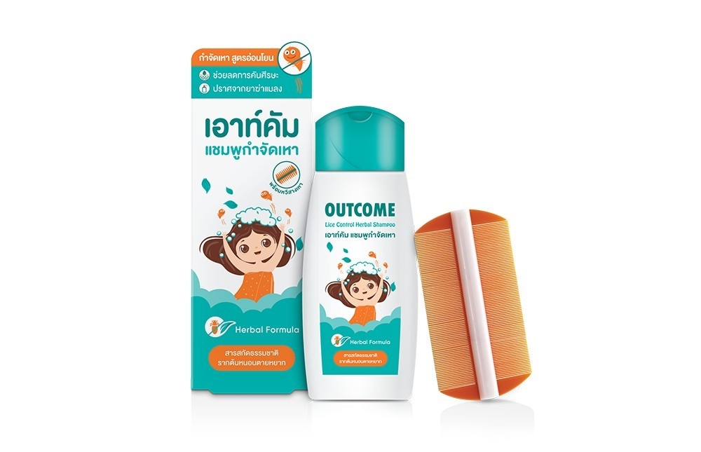 เอาท์คัม แชมพูกำจัดเหา สูตรอ่อนโยน Outcome Lice Control Herbal Shampoo 60 ml. สูตรธรรมชาติ ไม่มียาฆ่าแมลง