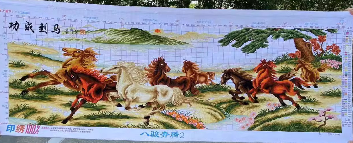 maa-1027 *สินค้าหมด* ชุดปักครอสติช ลาย 8 อาชา (ผ้า11CTพิมพ์ลาย ปัก 3 เส้นเล็ก) ขนาดใหญ่ 156*60 ซม.ผ้าครอสติช 11CTพิมพ์ลายปักบนผ้า ไหมคอตตอน 47 สี ผังลาย เข็ม
