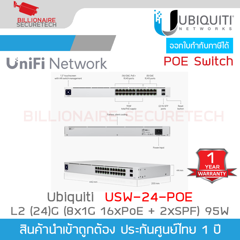 UBIQUITI USW-24-POE UniFi 24-Port L2-Managed Gigabit Switch (8Portx1G, 16Port PoE+) + 2-Port 1G SFP, IEEE 802.3af/at 95W , 1U Rackmountable BY BILLIONAIRE SECURETECH USW-24-POE