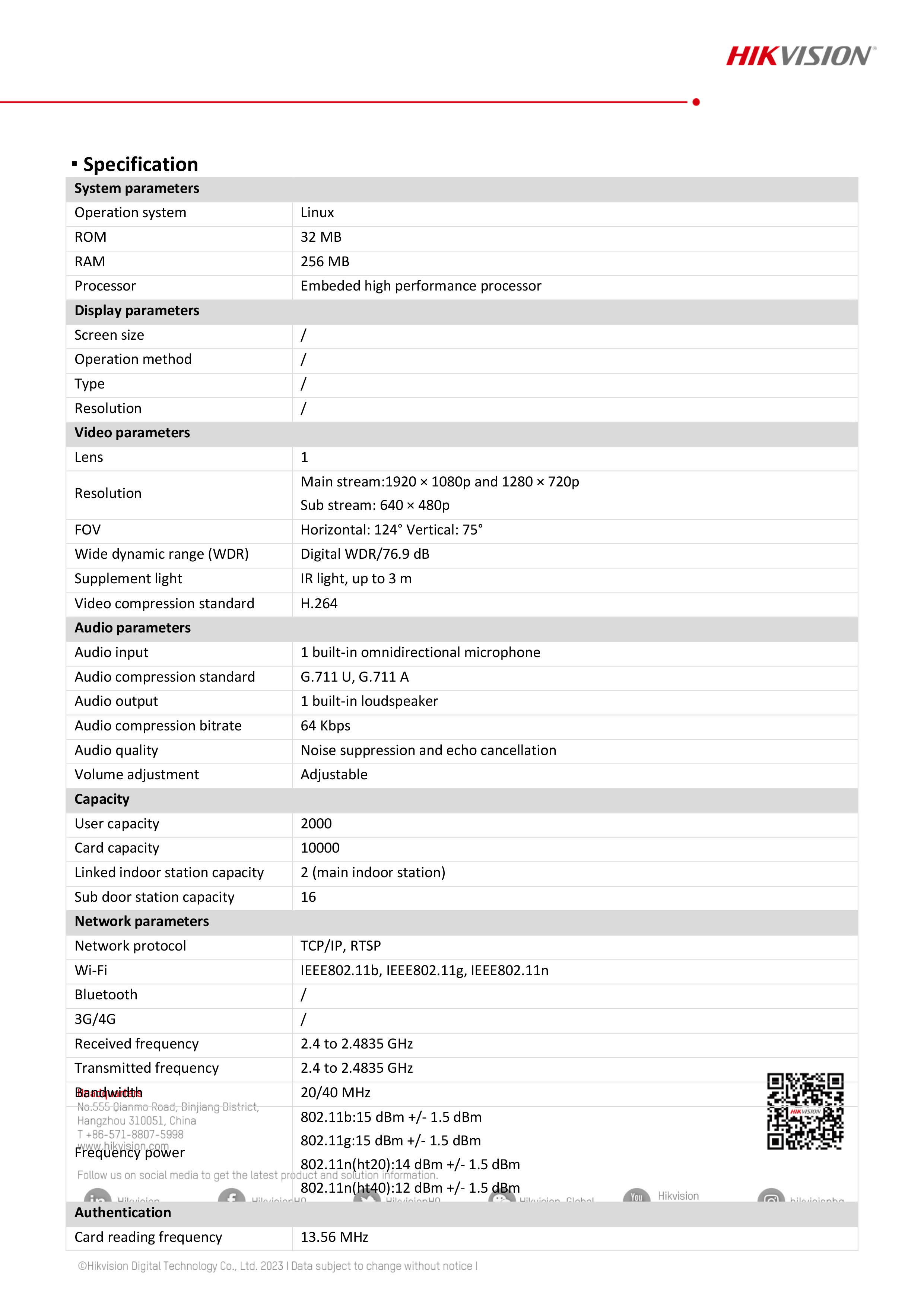 HIKVISION DS-KV8213-WME1(C) : 2 MP 2 Buttons Metal Villa Door Station, POE BY BILLIONAIRE SECURETECH DS-KV8213-WME1(C)