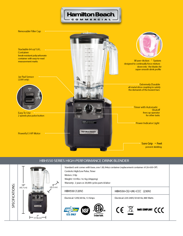 HAMILTON HBH550-CE - เครื่องปั่นสมูทตี้ เครื่องปั่นอาหาร มอเตอร์ 3Hp. โถ 1.8 ลิตร