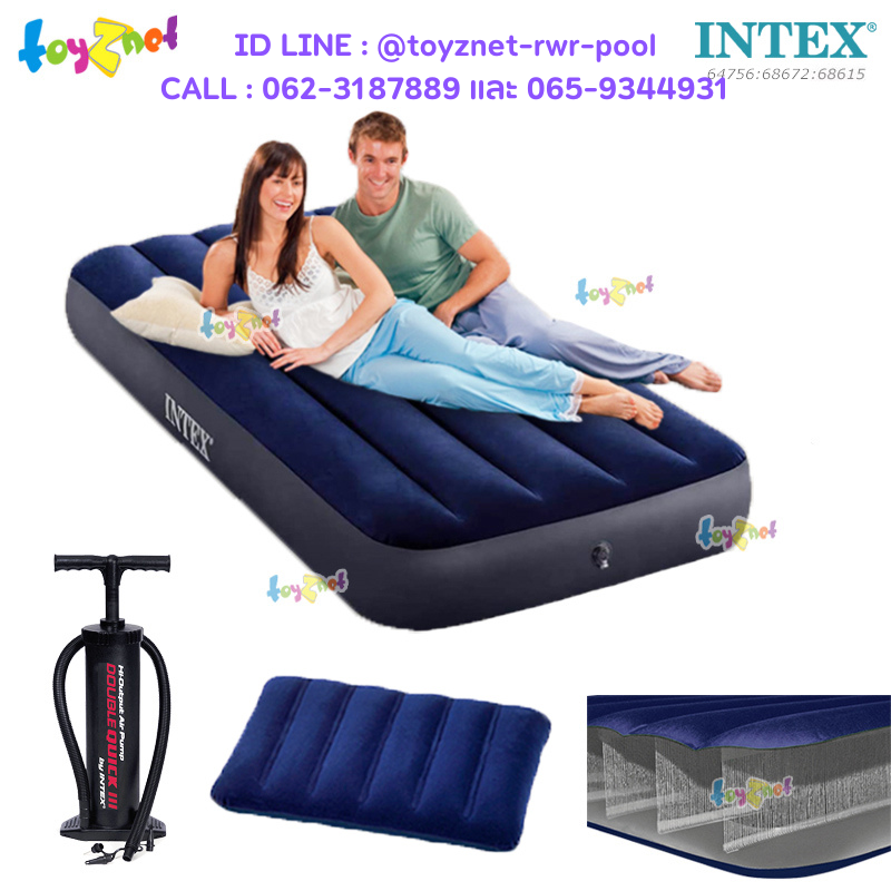 Intex "New Structure - More Comfortable" Dura-Beam Fiber-Tech Airbed 2.5ft (Jr. Twin) 0.76x1.91x0.25 m Blue no.64756 + Pillow & Double Quick III Hand Pump