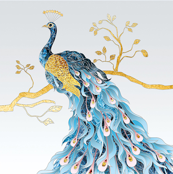 peacock-1097 *สินค้าหมด* ชุดปักครอสติช ลายนกยูงฟ้า เกาะกิ่งไม้ทอง (งานปักเต็มลาย ไม่มีเดินเส้น) ขนาด 60*60 ซม.ผ้าครอสติช 11CTพิมพ์ลายปักบนผ้า ไหมคอตตอน 30 สี ผังลาย เข็ม