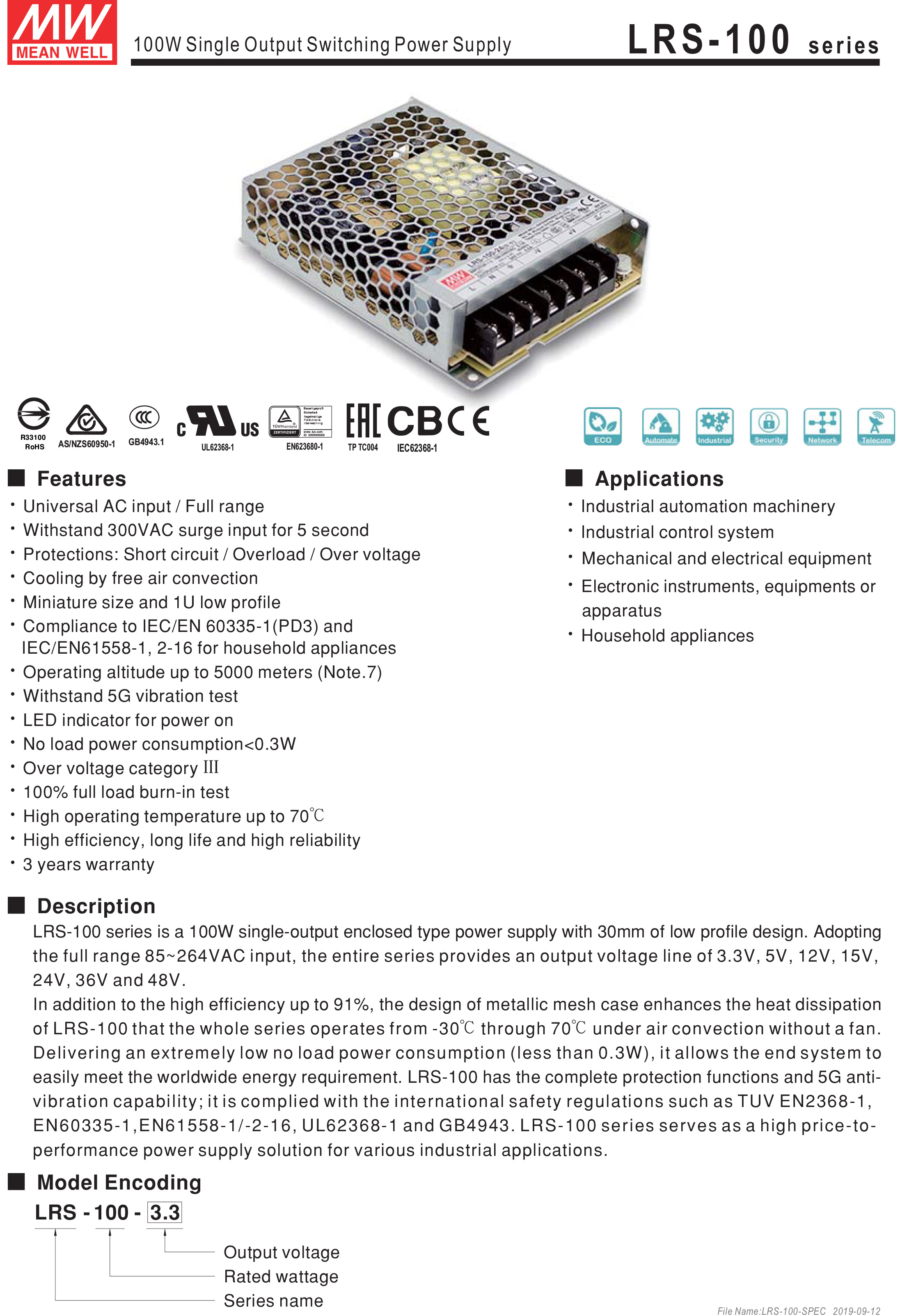 MEANWELL LRS-100-12 SWITCHING POWER SUPPLY 12V 8.5A BY BILLIONAIRE SECURETECH LRS-100-12