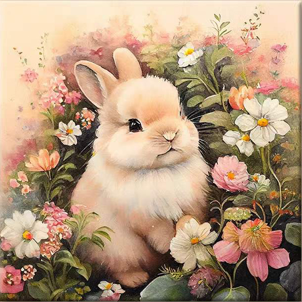 rabbit-1107 *สินค้าหมด* ชุดปักครอสติช ลายกระต่ายในสวนดอกไม้ ชุด B (ปักเต็มผืนผ้า ไม่มีเดินเส้น ผ้าพิมพ์ลาย11CT ปัก 3 เส้นเล็ก) ขนาด 50*50 ซม.ผ้าครอสติช 11CTพิมพ์ลายปักบนผ้า ไหมคอตตอน 47 สี ผังลาย เข็ม