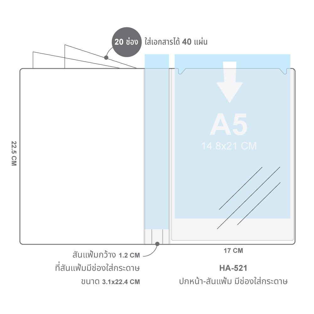 ขนาดแฟ้มแคตตาล็อก A5 20ช่อง มีช่องใส่หน้าปก Smart Display HA-521