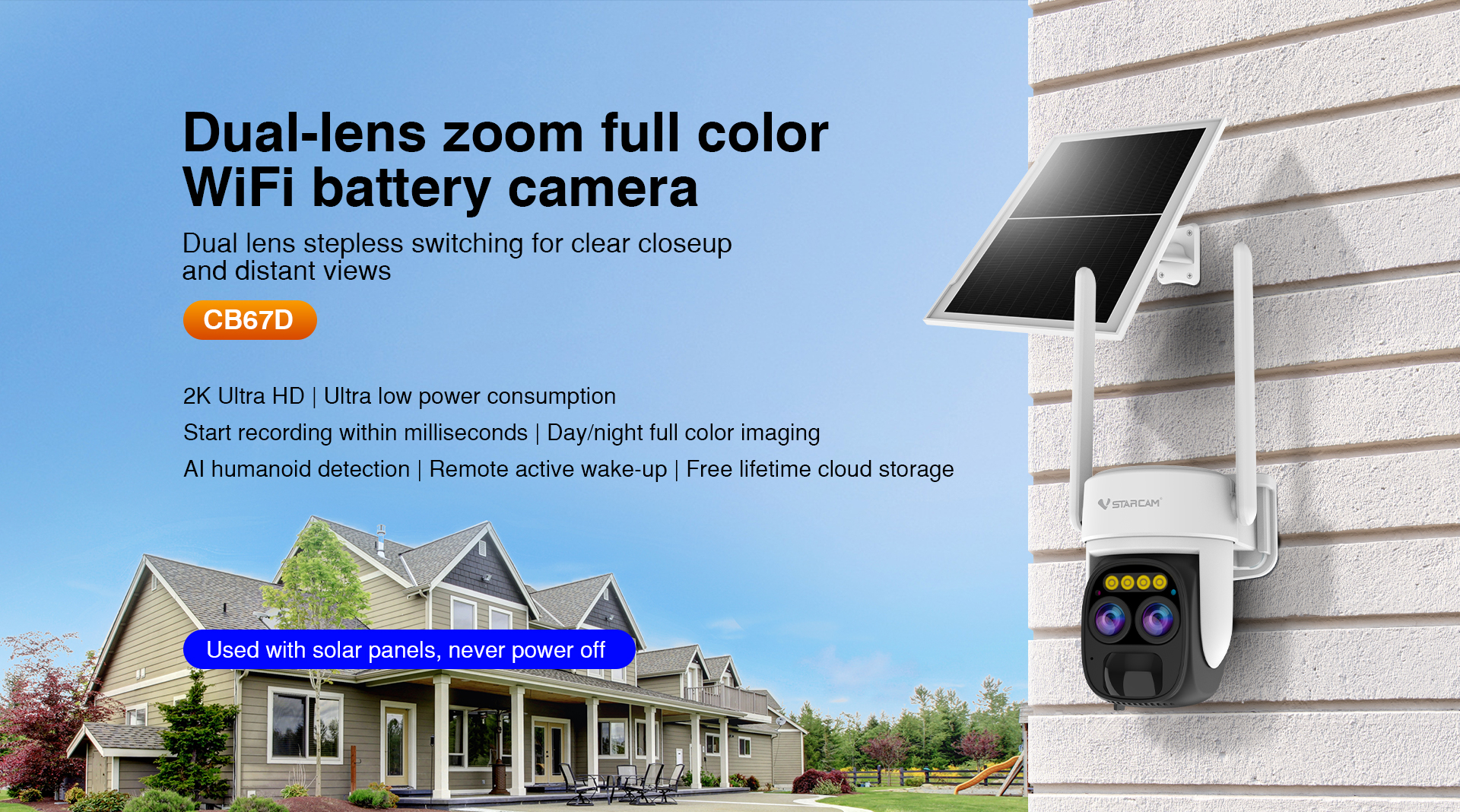 Vstarcam CB67D กล้องวงจรปิดระบบ IP WIFI 3 MP มี BATTERY 10000mAh + แผง SOLAR CELL กล้องเลนส์คู่ มีไมค์และลำโพงในตัว Color Night Vision ติดตั้งภายนอกได้ BY BILLIONAIRE SECURETECH CB67D