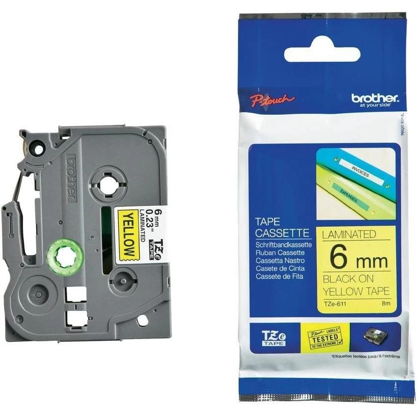 เทปพิมพ์อักษร BROTHER 6 mm. - อักษรดำพื้นเหลือง TZE-611