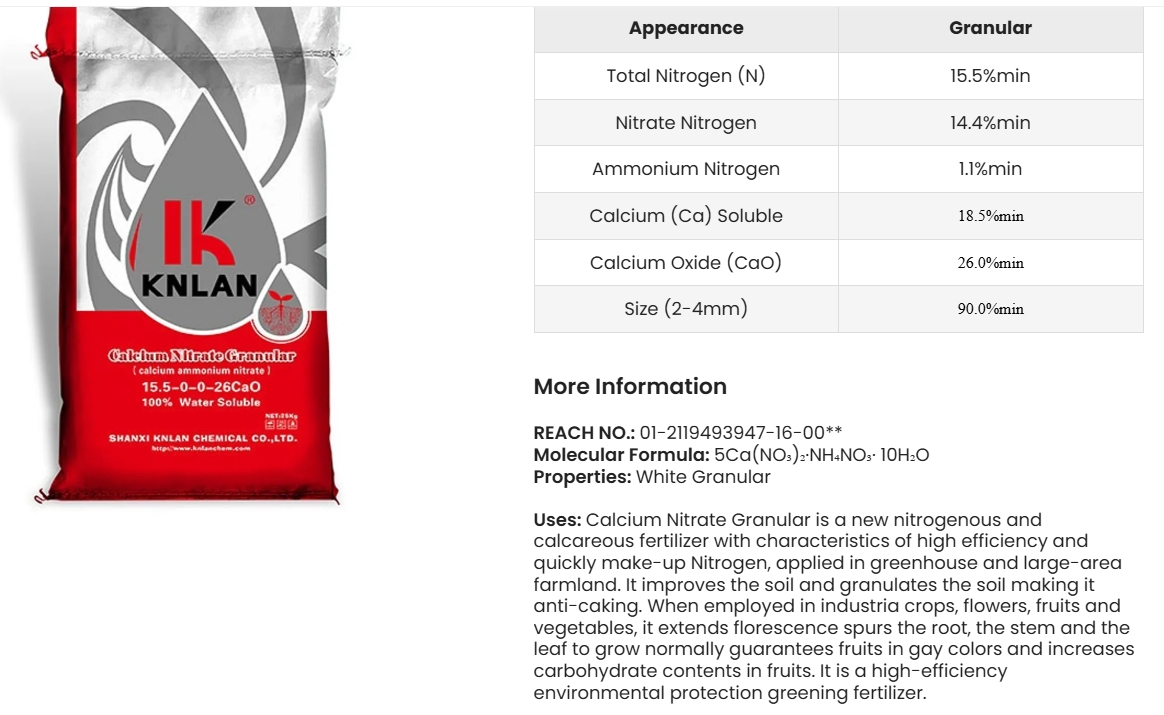 Ca(NO3)2 Calcium Nitrate ปุ๋ยเกล็ด แคลเซียมไนเตรท ยี่ห้อ KNLAN 15.5-0-0+26.5CaO จีเกรด สำหรับระบบน้ำ บรรจุ 25 กิโลกรัม
