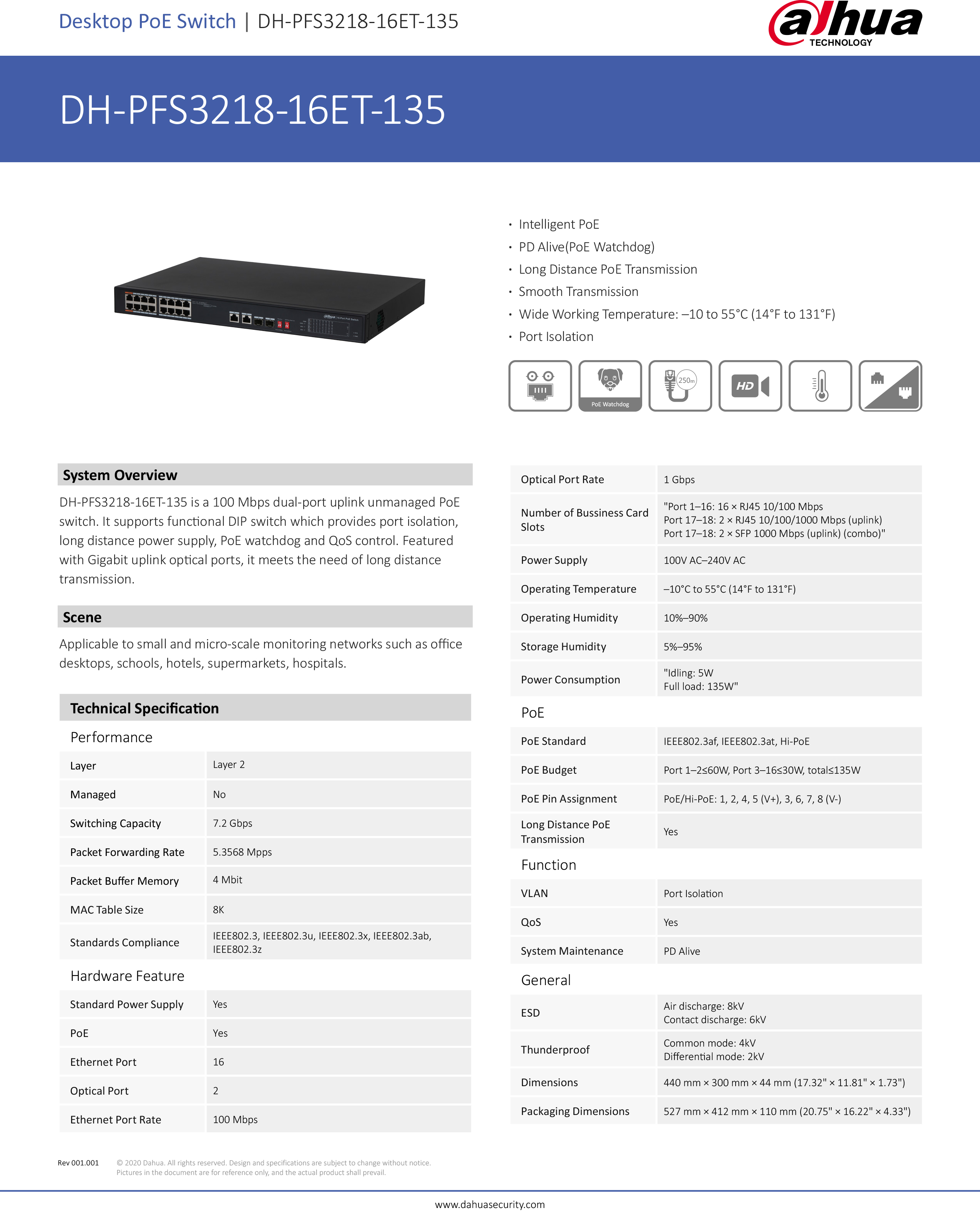 DAHUA DH-PFS3218-16ET-135 Intelligent PoE : 16 × RJ45 10/100 Mbps, 2 × RJ45 10/100/1000 Mbps (uplink) BY BILLIONAIRE SECURETECH DH-PFS3218-16ET-135