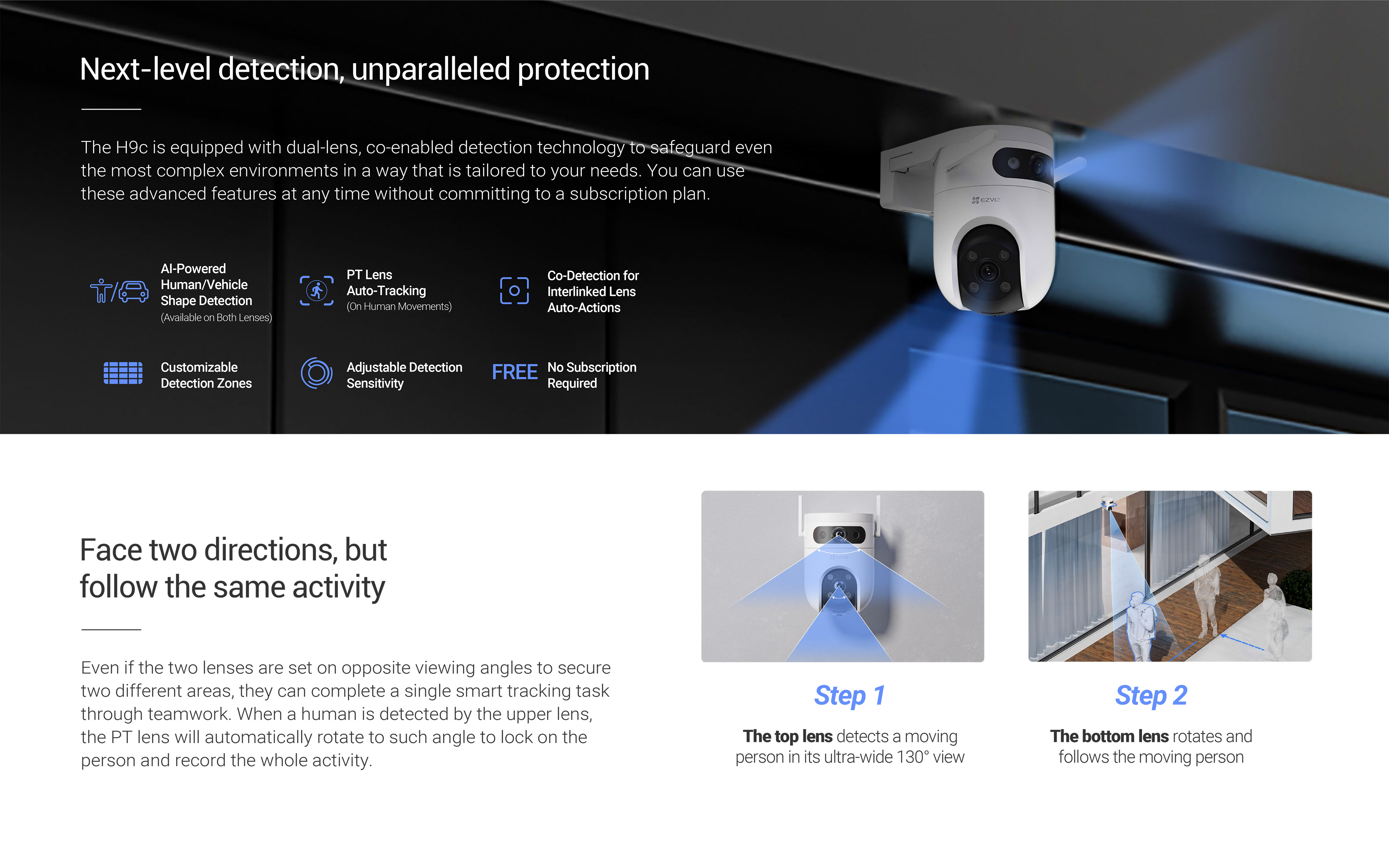 EZVIZ H9c Dual 2K กล้องวงจรปิดระบบ IP WIFI ความละเอียด 2K DUAL LENS ภาพสี 24 ชม. มีไมค์และลำโพงในตัว ติดตั้งภายนอกได้ BY BILLIONAIRE SECURETECH EZVIZ H9c Dual 2K