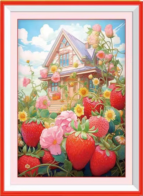 home-1120 *สินค้าหมด* ชุดปักครอสติช ลายบ้านน้อยสตรอเบอรี่ (ปักเต็มผืนผ้า ไม่มีเดินเส้น ผ้า11CTพิมพ์ลาย มีประกาย ปักครั้งละ 3 เส้นเล็ก) ขนาด 50*68 ซม.ผ้าครอสติช 11CTพิมพ์ลายปักบนผ้า ไหมคอตตอน 44 สี ผังลาย เข็ม