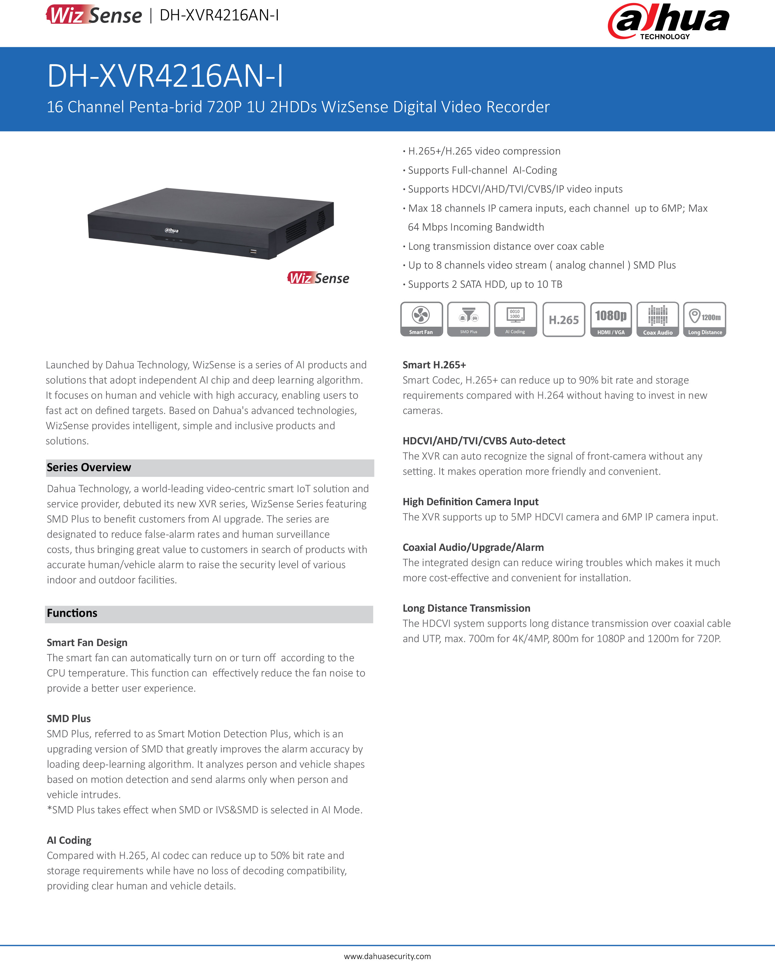 DAHUA XVR4216AN-I (16CH) เครื่องบันทึกสำหรับกล้องวงจรปิดระบบ HD WizSense รองรับกล้องได้สูงสุด 2 MP บันทึกที่ 1 MP BY BILLIONAIRE SECURETECH XVR4216AN-I