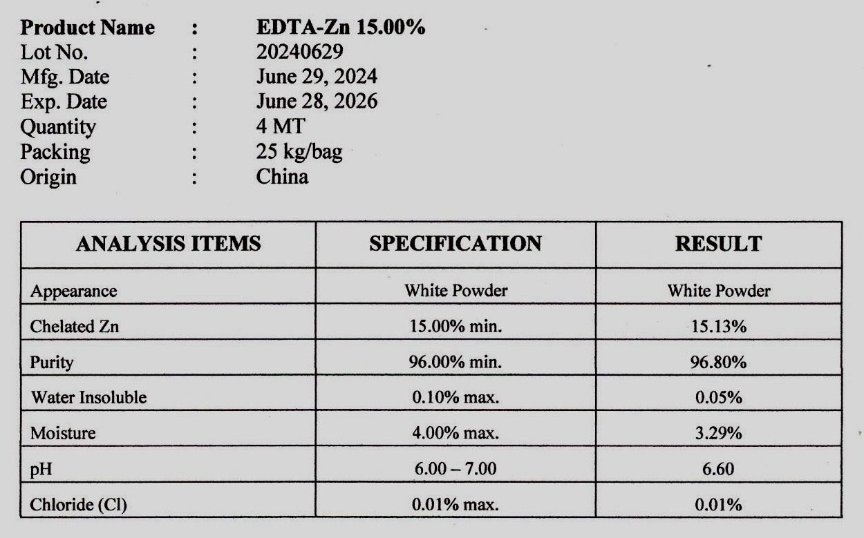 ธาตุสังกะสี(ซิงค์)คีเลตอีดีทีเอ Zn 14.5% (ซิงค์คีเลต Zn-EDTA) EDTA-ZnNa2 (JackChem) บรรจุ 1 กิโลกรัม (R)