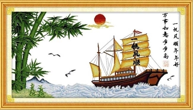 boat-1100 *สินค้าหมด* ชุดปักครอสติช ลายล่องเรือสำเภา (ผ้า11CTพิมพ์ลาย ปัก 3 เส้นเล็ก) ขนาด 116*65 ซม.ผ้าครอสติช 11CTพิมพ์ลายปักบนผ้า+ไหมคอตตอน 34 สี+ผังลาย+เข็ม