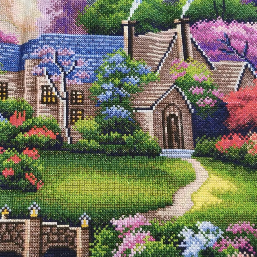 home-1101 *สินค้าหมด* ชุดปักครอสติช ลายบ้านสวยริมลำธาร (ปักเต็มผืนผ้า ไม่มีเดินเส้น ปักครั้งละ 3 เส้นเล็ก) ขนาด 65*50 ซม.ผ้าครอสติช 11CTพิมพ์ลายปักบนผ้า ไหมคอตตอน 42 สี ผังลาย เข็ม