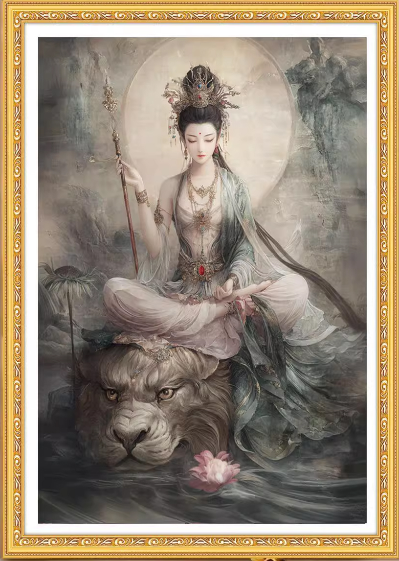 tep-1133 *สินค้าหมด* ชุดปักครอสติช ลายพระมัญชุศรีโพธิสัตว์แห่งปัญญา (ปักเต็มผืนผ้า ไม่มีเดินเส้น ผ้า11CTพิมพ์ลาย มีประกาย ปัก 3 เส้นเล็ก) ขนาด 63*83 ซม.ผ้าครอสติช 11CTพิมพ์ลายปักบนผ้า ไหมคอตตอน 62 สี ผังลาย เข็ม
