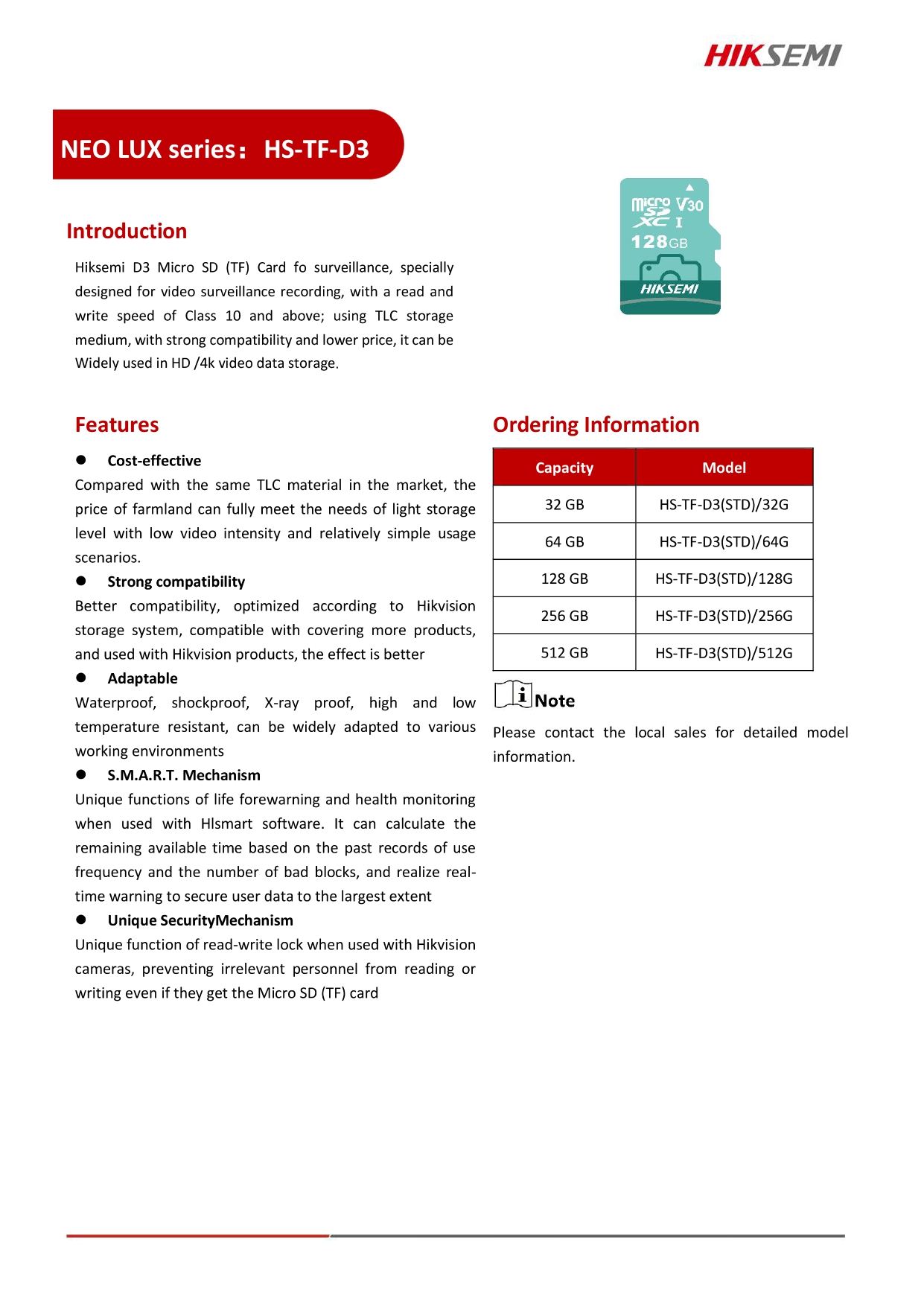 HIKSEMI HS-TF-D3 64G Micro SD Card สำหรับกล้องวงจรปิด NEO LUX 64GB XC Class10 V30 100MB/s BY BILLIONAIRE SECURETECH HS-TF-D3 64G