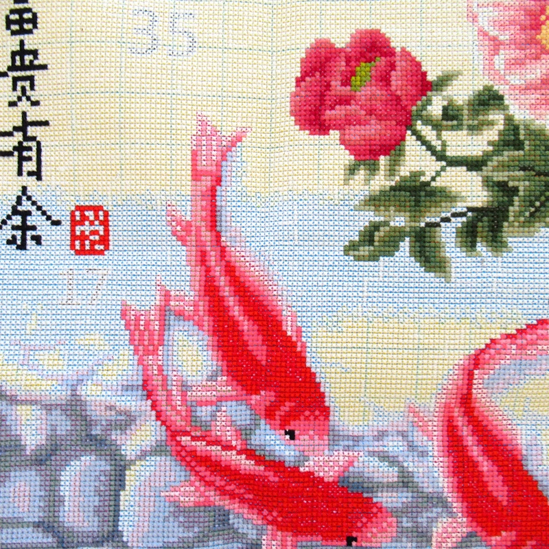 pla-1140 *สินค้าหมด* ชุดปักครอสติช ลายปลาคาร์ปคู่โบตั๋น (ปักเต็มผืนผ้า ไม่มีเดินเส้น ผ้า9CTพิมพ์ลาย ปัก 4 เส้นเล็ก) ขนาด 75*75 ซม.ผ้าครอสติช 9CTพิมพ์ลายปักบนผ้า ไหมคอตตอน 41 สี ผังลาย เข็ม