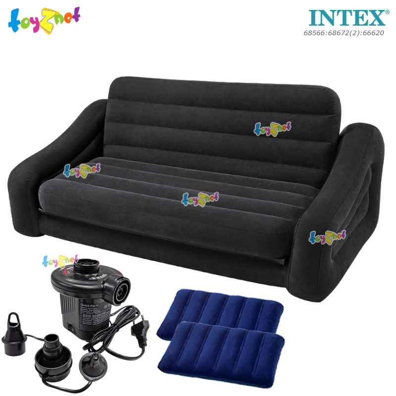 Intex Pull-Out Sofa 1.93x2.31x0.71 m Black no.68566 + 2 Pillows & Quick-Fill Electric Air Pump