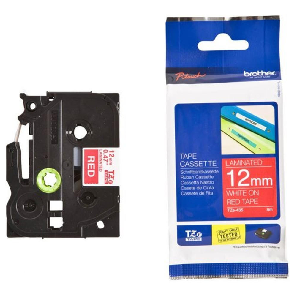เทปพิมพ์อักษร BROTHER 12 mm. - อักษรขาวพื้นแดง TZE-435
