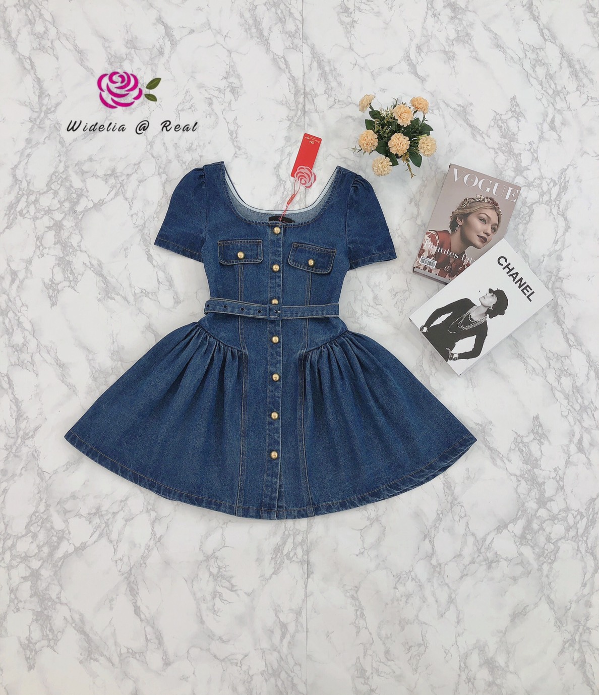 Korea Dress เดรสยีนส์แขนสั้น มาพร้อมเข็มขัดให้1เส้น กระดุมสีทอง