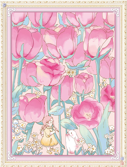 rabbit-1043 *สินค้าหมด* ชุดปักครอสติช ลายสาวน้อยกับกระต่ายในสวนทิวลิป (ปักเต็มผืนผ้า ไม่มีเดินเส้น ผ้า11CTพิมพ์ลาย ปัก 3 เส้นเล็ก) ขนาด 50*63 ซม.ผ้าครอสติช 11CTพิมพ์ลายปักบนผ้า ไหมคอตตอน 22 สี ผังลาย เข็ม