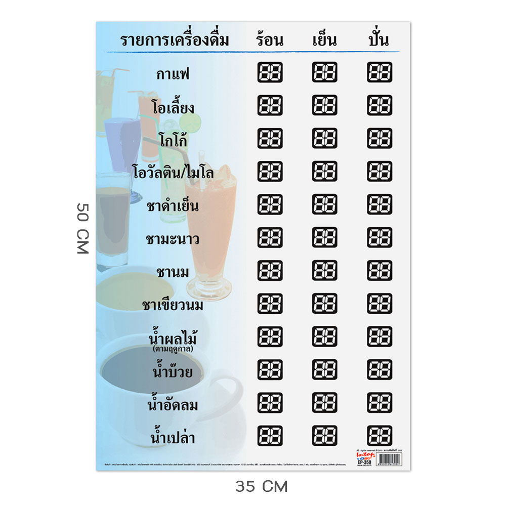 แผ่นป้ายรายการและราคาเครื่องดื่ม ป้ายพร้อมใช้ 35x50ซม.