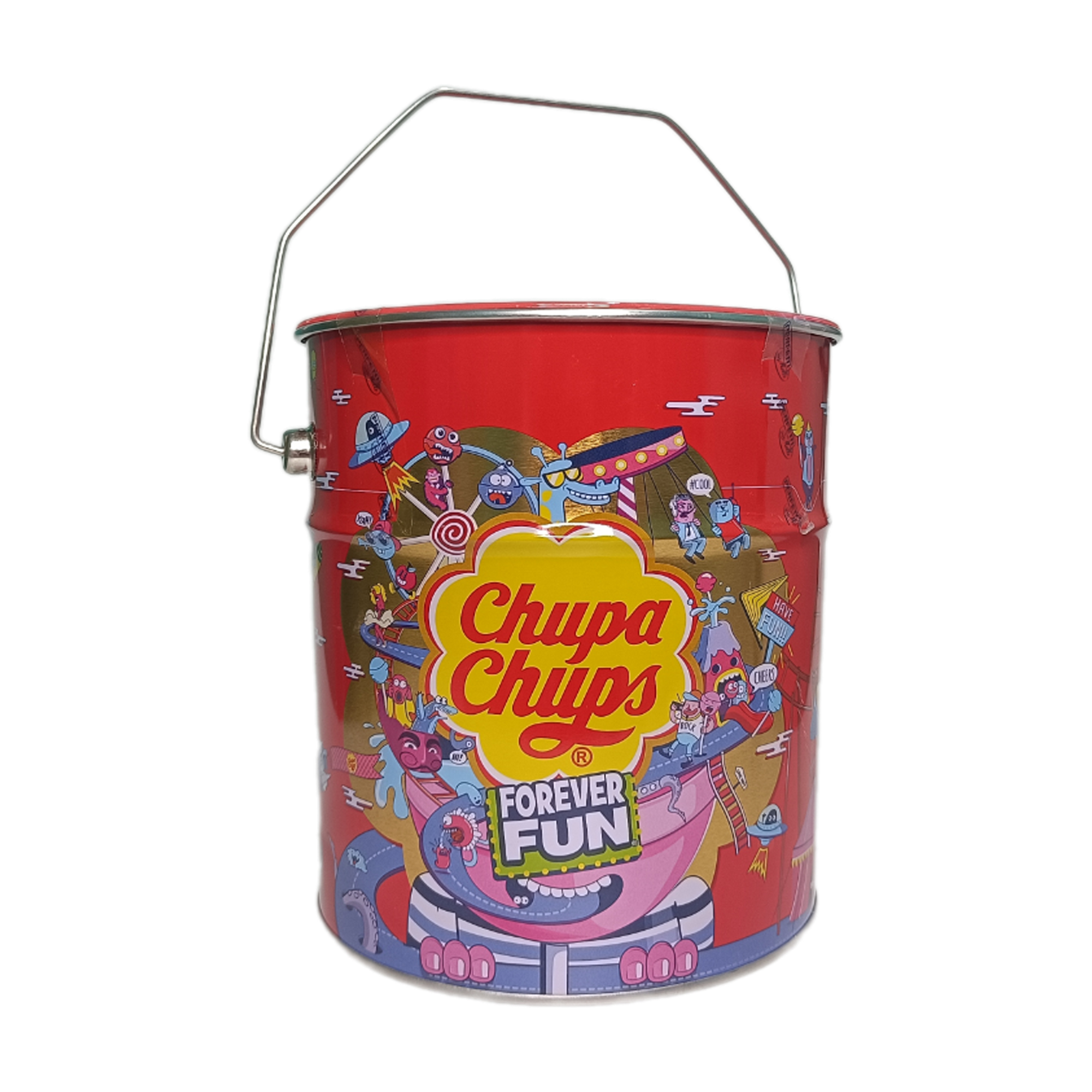 Chupa Chups Assorted Metal Box Lollipops ลูกอมจูปาจุ๊ปส์ถังเหล็ก อมยิ้มขนาด 11 กรัม จำนวน 150 ไม้