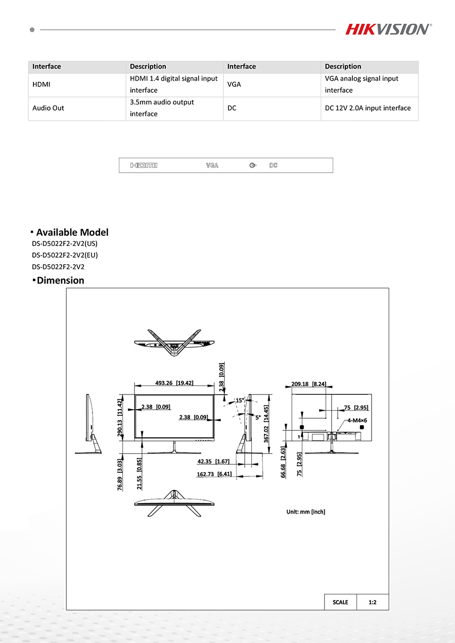 HIKVISION DS-D5022F2-2V2 : 21.5 inch FHD 100Hz VA Monitor BY BILLIONAIRE SECURETECH DS-D5022F2-2V2
