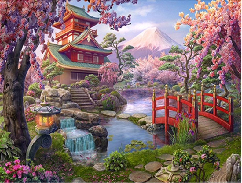 view-2068 *สินค้าหมด* ชุดภาพติดคริสตัลกลม ลายสวนสวยริมภูเขาไฟฟูจิ (งานติดเต็มภาพ) ขนาด 50*40 ซม.ผ้าแคนวาสลงผังลายเต็ม คริสตัลกลม 45 สี อุปกรณ์ครบชุด