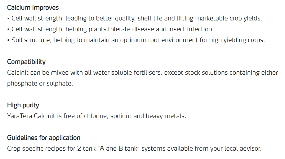 Ca(NO3)2 Calcium Nitrate ปุ๋ยเกล็ด YaraTera CALCINIT (NPK=15.5-0-0+26.3CaO) ยาร่า จีเกรด สำหรับระบบน้ำ บรรจุ 25 กิโลกรัม