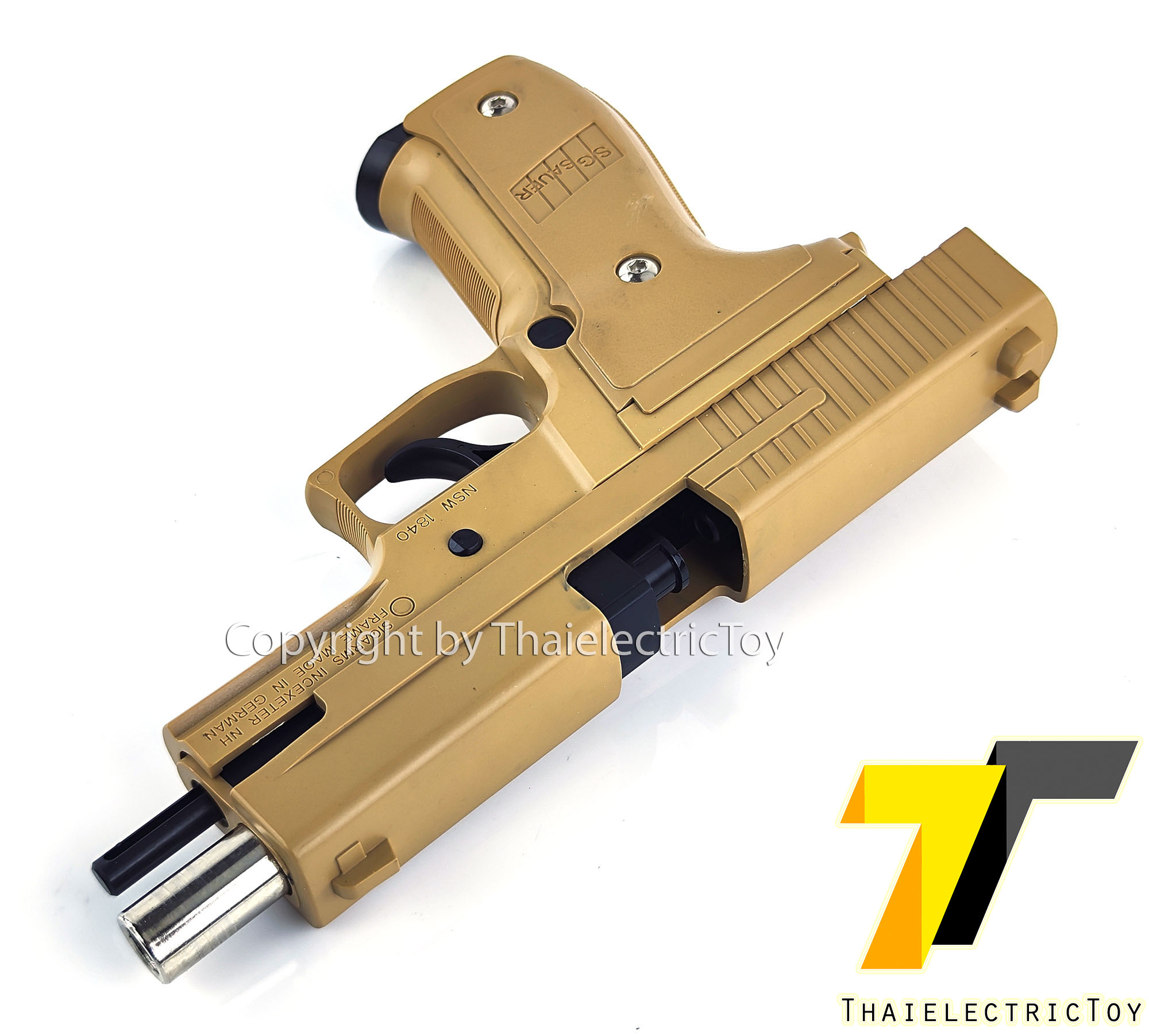 ปืนอัดลมพลาสติก Sig sauer p226 สีทราย ชักยิงทีล่ะนัด ลำกล้องยาว 8 นิ้ว หนัก 309 กรัม แขวนสไลน์ได้