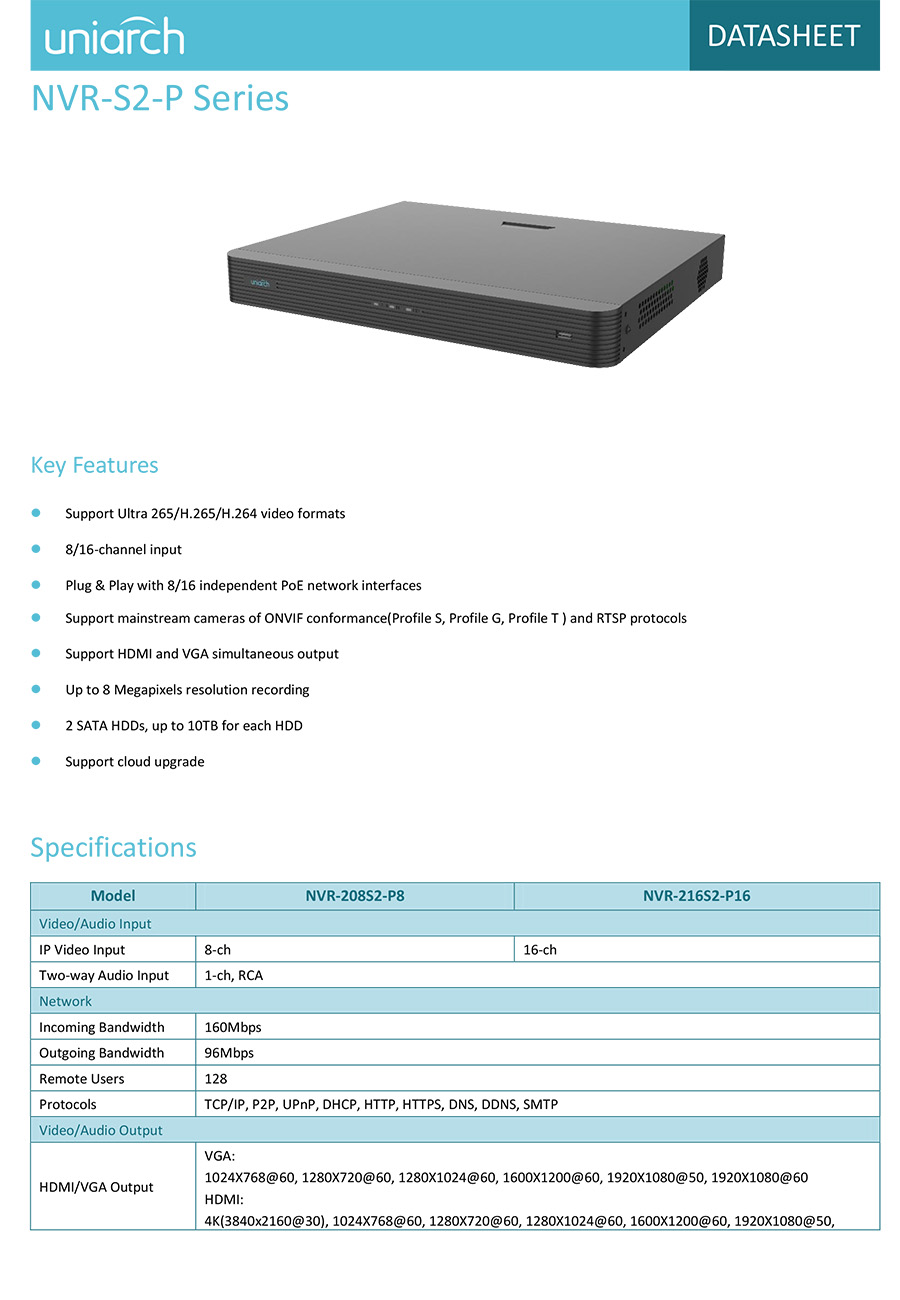 UNIARCH NVR-208S2-P8 เครื่องบันทึกกล้องวงจรปิด IP CAMERA (NVR) 8CH 8POE ONVIF ใส่ HDD ได้ 2 ลูก BY BILLIONAIRE SECURETECH NVR-208S2-P8