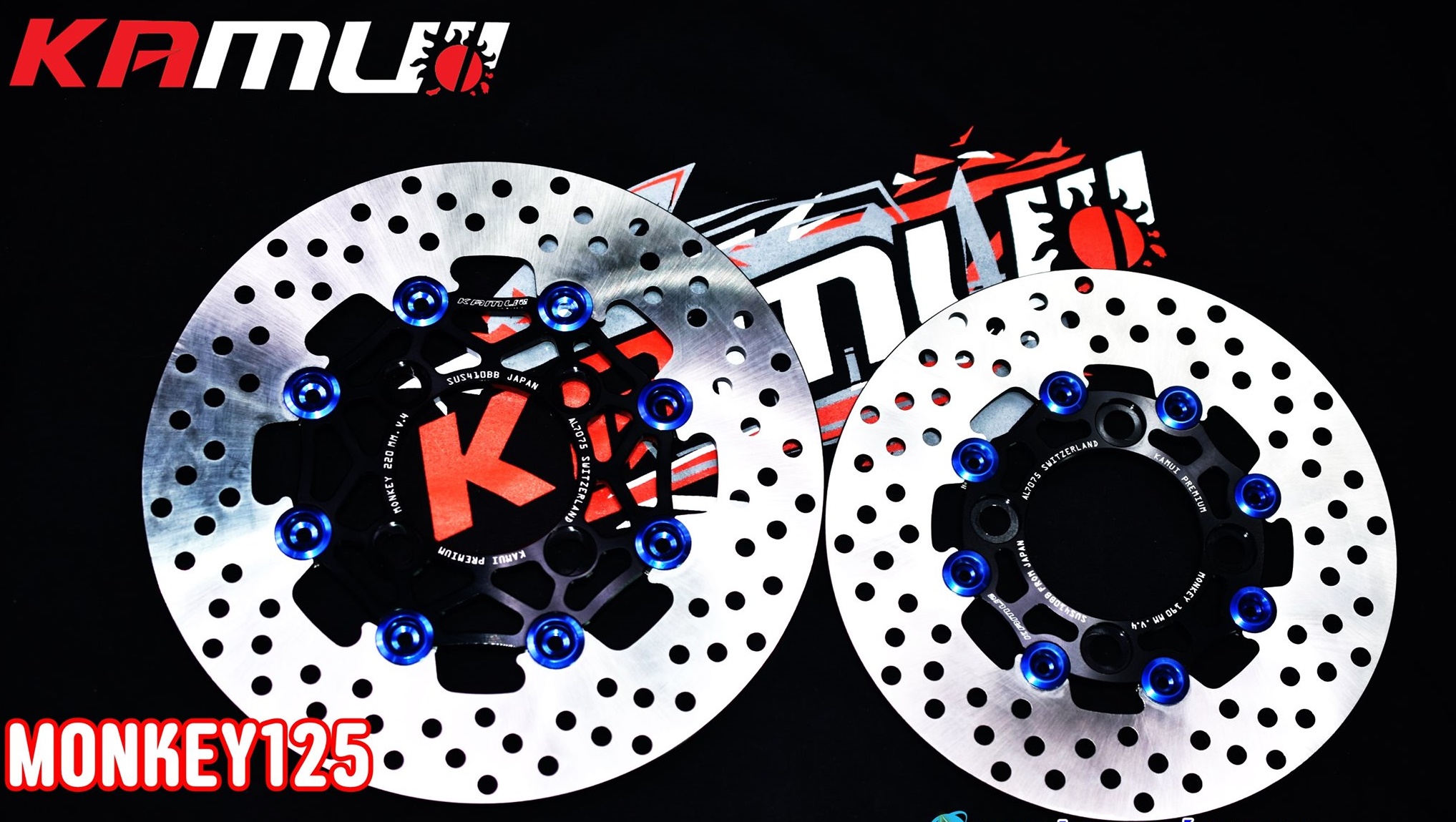 จานดิสก์monkey125 KAMUI ราคาชุดละ6000 หน้า 220 มิล.+หลัง 190 มิล. ลาย POWER-SLOT V.4 ข้อดีของจาน Floating - จานดิสก์ สแตนเลส 410BB จาก ญี่ปุ่น ผ่านการชุบแข็ง - อลูมิเนียม 7075 T651 จาก สวิตเซอร์แลนด์ - ใส่ปั๊ม Brembo ไม่ติดหมุด ไม่ต้องตัดผ้าเบรค - จับหน้า